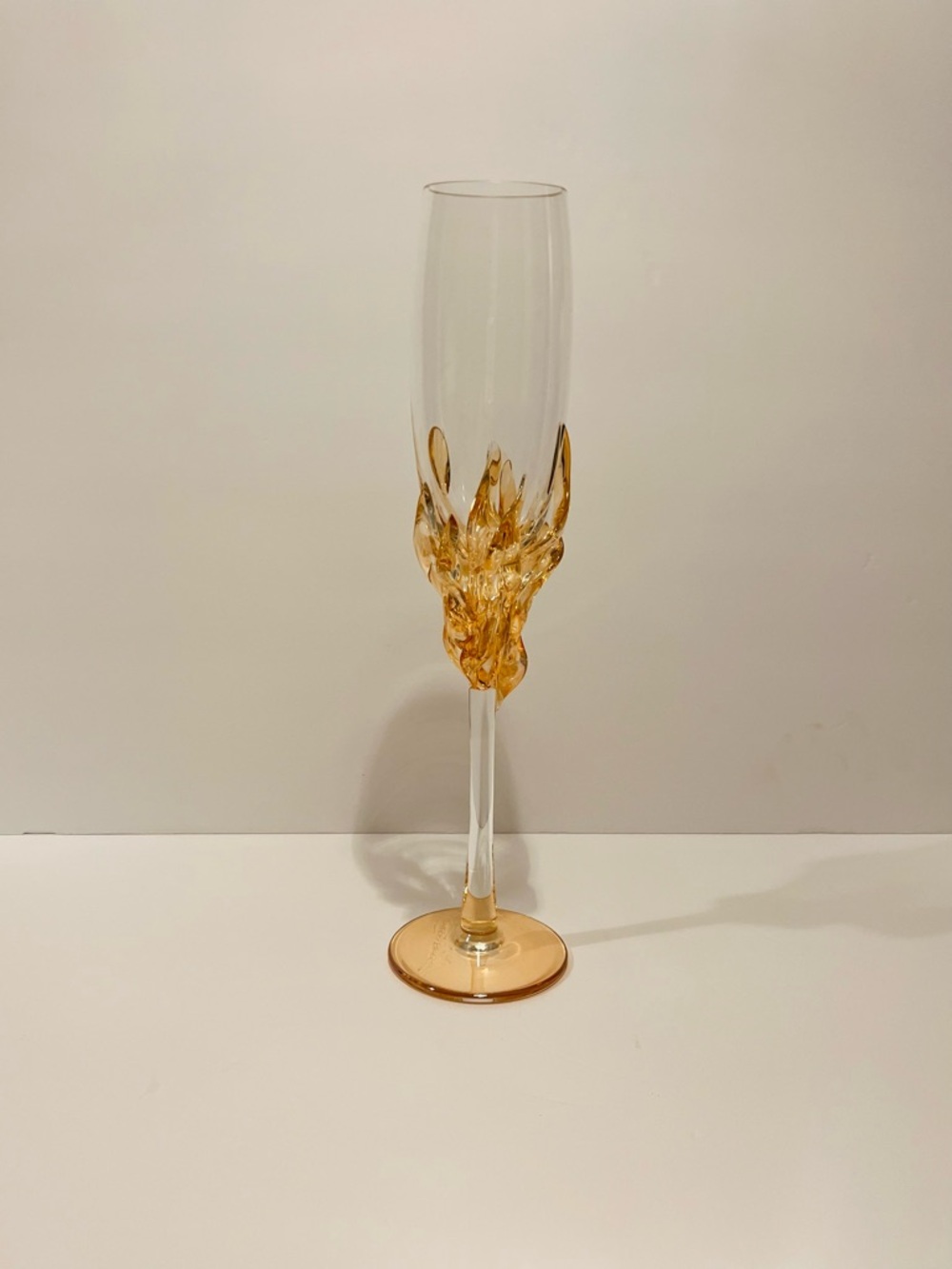 Ion Tamaian Signed Crystal Champagne Flute Amber Art Glass Romania 12.75” Tall